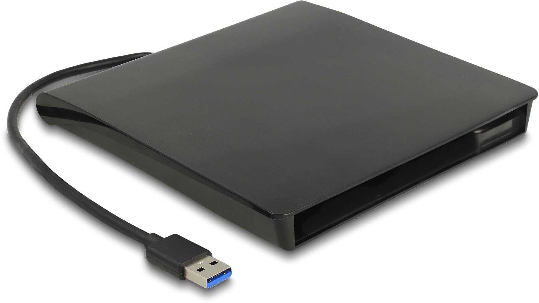 Schwarzes externes DVD-Laufwerk mit USB-Anschlusskabel.