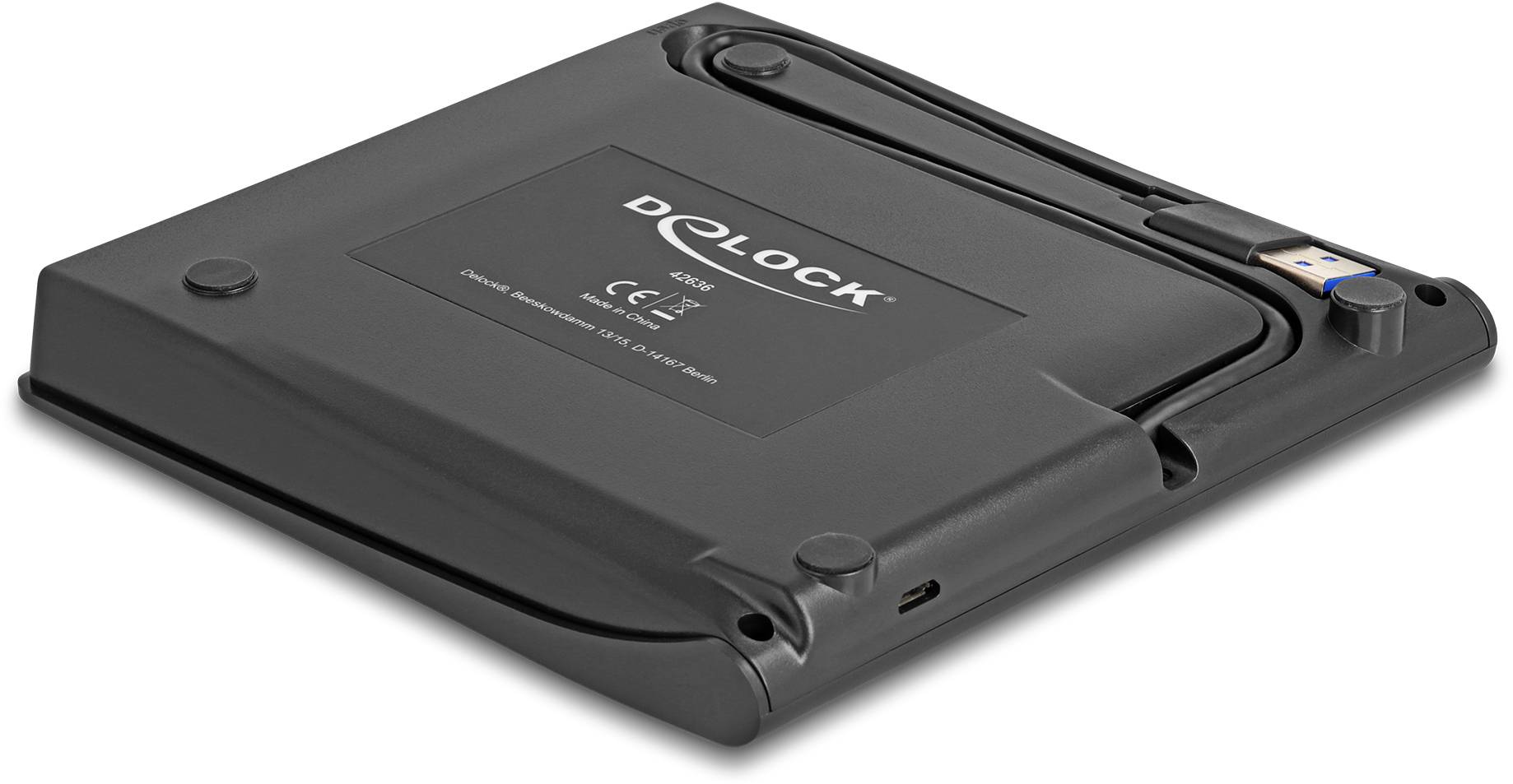 Externe Festplattenhülle von Delock mit USB-Anschluss. Geeignet zur Speicherung und Sicherung von Daten. Schwarz, rechteckig.