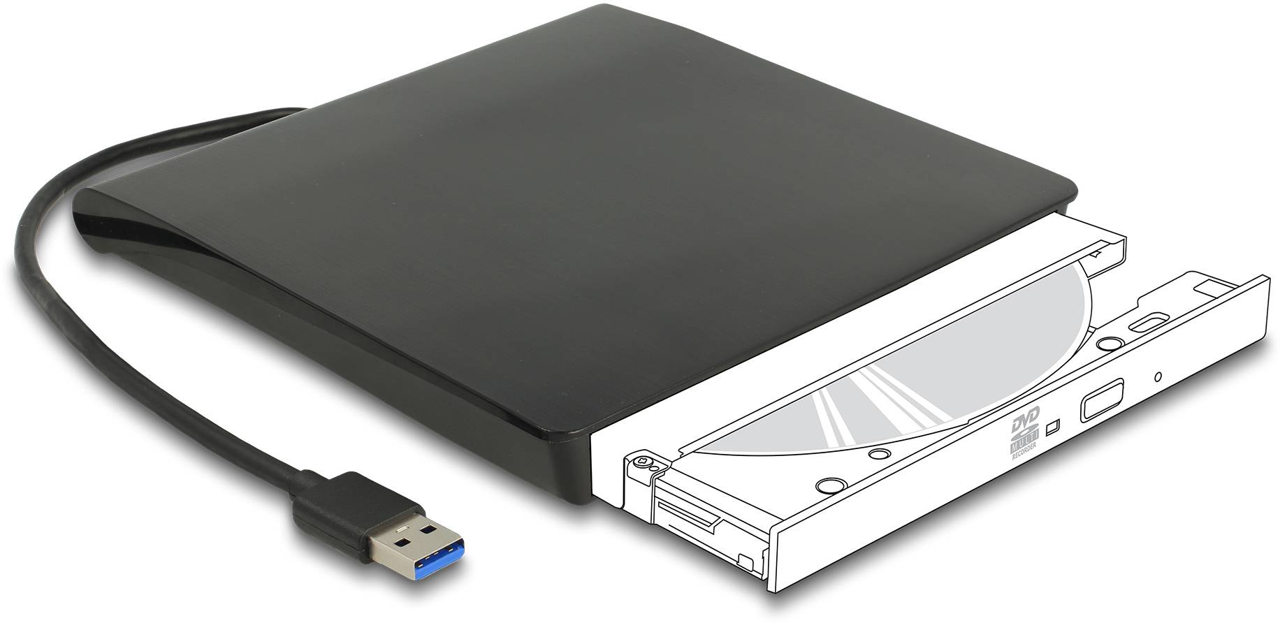 Externes DVD-Laufwerk mit USB-Anschluss, offen mit sichtbarem Disc-Fach. Gerät dient der Wiedergabe und Speicherung von DVDs.