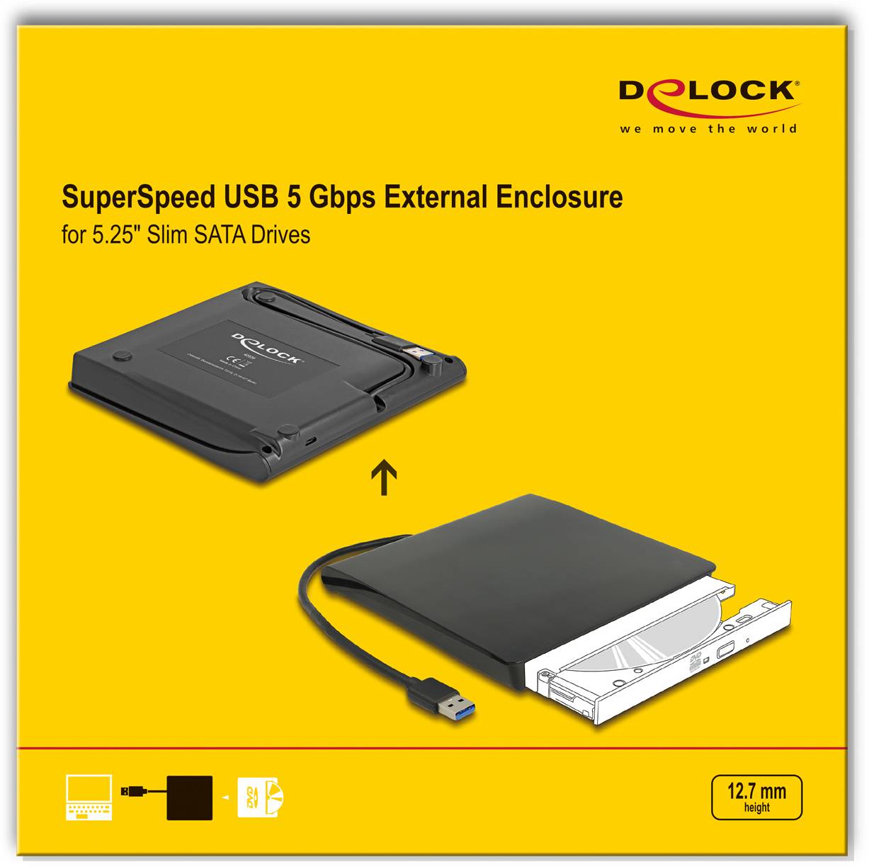 'SuperSpeed USB 5 Gbps External Enclosure' für 5,25 Zoll Slim SATA-Laufwerke. Abgebildet sind das Gehäuse und ein USB-Kabel.