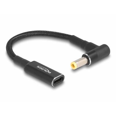 USB-C-auf-DC-Kabeladapter, schwarzer flexibler Kabelstrang mit einem USB-C-Anschluss und einem kreisförmigen DC-Anschluss.