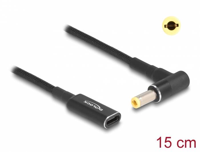 'USB-C auf DC-Kabel, 15 cm, schwarzes Nylon ummantelt, mit gewinkeltem Stecker.'