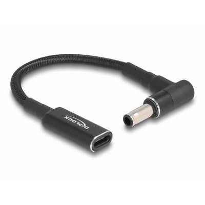 Ein Delock Adapter mit USB-C Buchse und Winkel-DC-Stecker, schwarz, geeignet für den Anschluss von Geräten mit unterschiedlichen Schnittstellen.
