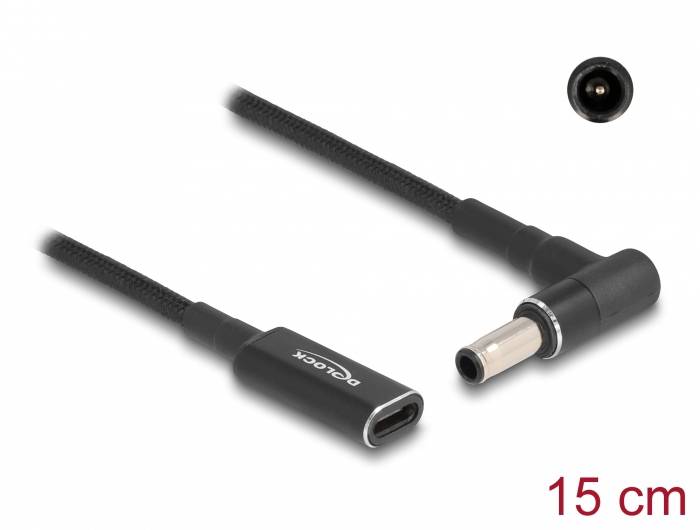 '15 cm USB-C auf DC-Kabel von Delock, mit Winkelstecker und schwarzer Ummantelung.'