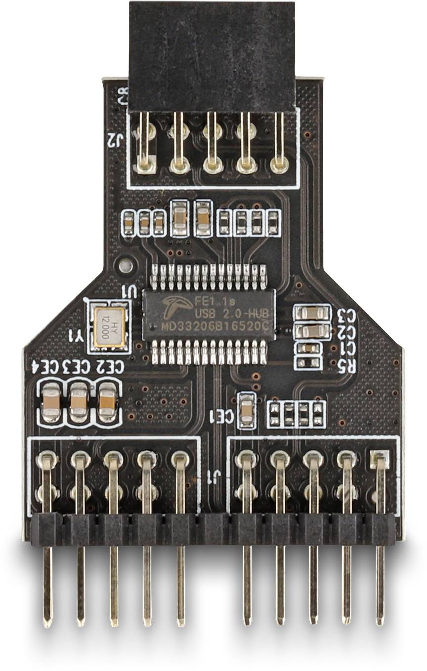 Nahaufnahme eines USB-2.0-Adapterplatine mit mehreren Pins und elektronischen Komponenten auf einer schwarzen Platine.