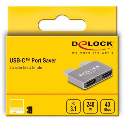 Eine gelbe Verpackung für einen USB-C Port Saver von DeLock. Details: 2x männlich zu 2x weiblich, PD 3.1, 240W, 40 Gbps.
