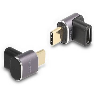 USB-C-Adapter mit 90-Grad-Winkel, einer Buchse und einem Stecker. Designed für platzsparende Verbindungen an Geräten.