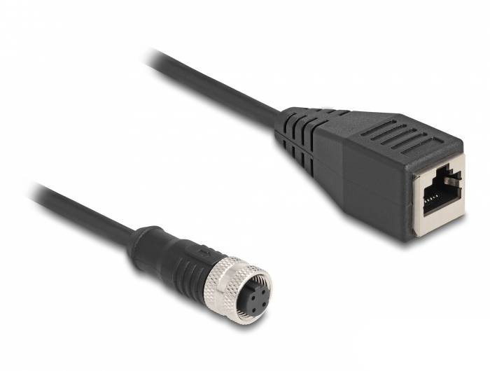 'RJ45-Buchse mit RJ45-Stecker' zeigt ein schwarzes Verlängerungskabel mit einem RJ45- und einem M12-Stecker, geeignet für Netzwerkkonnektivität.