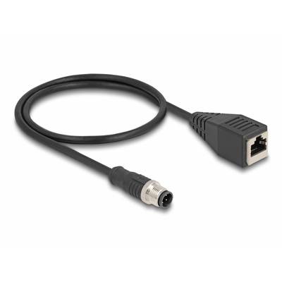 'Schwarzes Adapterkabel mit einem M12-Anschluss und einem RJ45-Stecker, geeignet für industrielle Netzwerkverbindungen.'