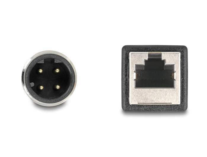 Ein runder 3-poliger XLR-Stecker und ein rechteckiger RJ45-Anschluss nebeneinander.