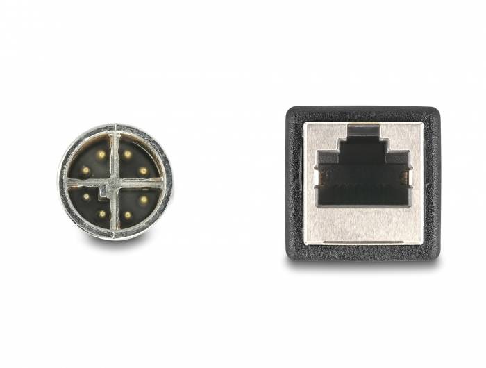 'Ein runder PS/2-Stecker links und ein quadratischer RJ-45-Anschluss rechts, beide sind Computerkabelanschlüsse.'