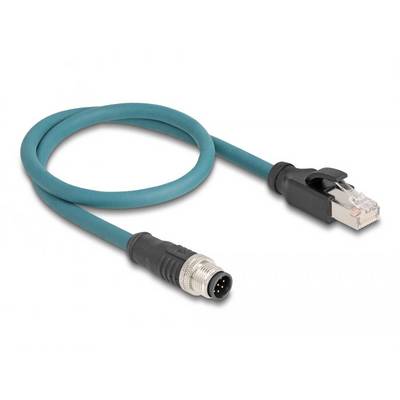 'Ein türkisfarbenes Ethernet-Kabel mit einem RJ45-Stecker auf der einen Seite und einem mehrpoligen Steckverbinder auf der anderen Seite.'