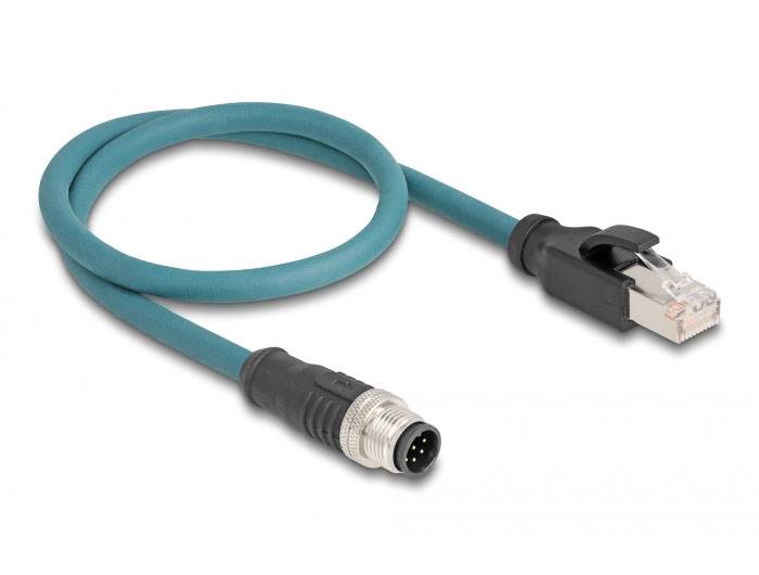 Ein blaues Netzwerkkabel mit einem RJ45-Stecker an einem Ende und einem metallischen Ring-Stecker am anderen Ende ist abgebildet.