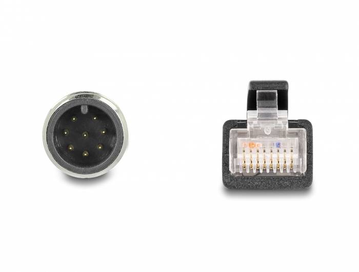 'Ein runder Stecker mit mehreren Pins links und ein rechteckiger, transparenter RJ-Stecker mit metallischen Kontakten rechts.'