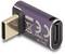 Ein violetter, rechteckiger USB-C-Adapter mit Metallanschlüssen und weißen technischen Markierungen.