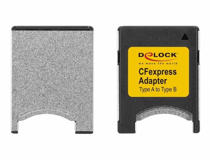 CFexpress-Adapter von Delock, Typ A zu Typ B, silbernes und schwarzes Gehäuse, Vorder- und Rückansicht.