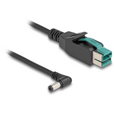 Ein schwarzes Stromkabel mit einem speziellen rechteckigen Stecker und einem runden Steckeranhang für Geräteverbindungen.