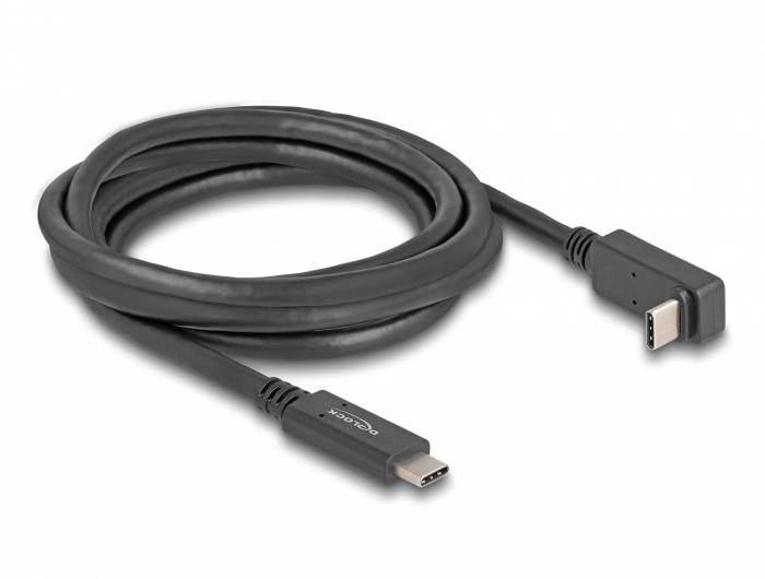 USB-C-Kabel in schwarzer Farbe, eines der Enden ist um 90 Grad abgewinkelt; geeignet zum Laden und für Datenübertragungen.