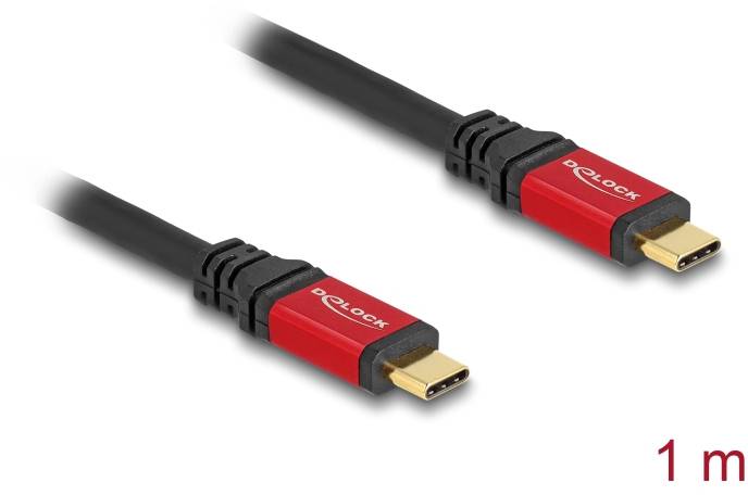 Ein ein Meter langes USB-C-Kabel mit roten Anschlüssen.