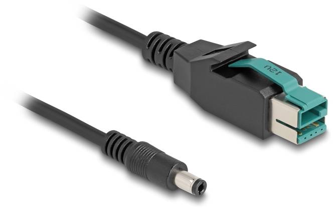 Ein schwarzes Netzkabel mit einem Hohlstecker und einem speziellen grünen Adapterstecker, verwendet zur Stromversorgung von Geräten.