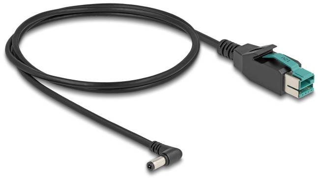 Ein dünnes schwarzes Kabel mit einem rechtwinkligen Stecker. Am anderen Ende befindet sich ein rechteckiger Stecker mit grünen Akzenten.