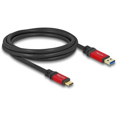 Ein schwarzes USB-Kabel mit einem USB-A-Stecker und einem USB-C-Stecker. Beide Stecker haben rote Gehäuse mit Aufschrift.