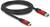 Ein schwarzes USB-Kabel mit einem USB-A-Stecker und einem USB-C-Stecker. Beide Stecker haben rote Gehäuse mit Aufschrift.