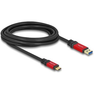 Schwarzes USB-Kabel mit roten Steckern, links ein Micro-USB und rechts ein Typ-A-USB-Stecker, zur Datenübertragung und Stromversorgung.