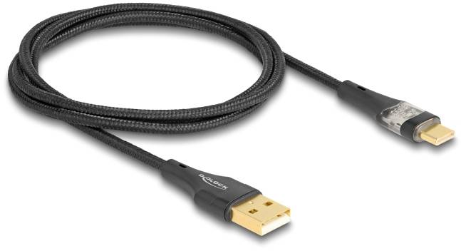 Schwarzes USB-Kabel mit geflochtenem Mantel und vergoldeten Steckern. Geeignet für Datenübertragung und Laden von Geräten.