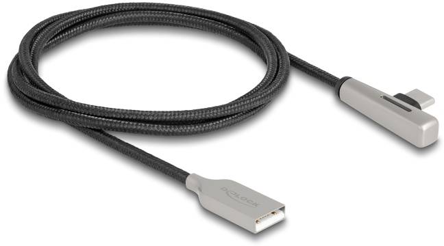 Schwarzes, geflochtenes USB-Kabel mit L-förmigem, magnetischem Anschluss. Markenname 'QUADOCK' auf dem Stecker.