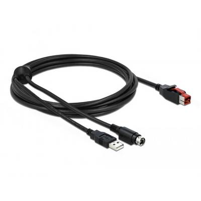 Ein schwarzes Kabel mit USB- und DIN-Steckern an beiden Enden, geeignet für den Anschluss von Musikinstrumenten an Computer.