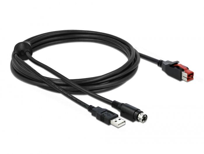Ein schwarzes USB-Kabel mit mehreren verschiedenen Anschlüssen, darunter USB und spezieller Audioanschluss, auf weißem Hintergrund.