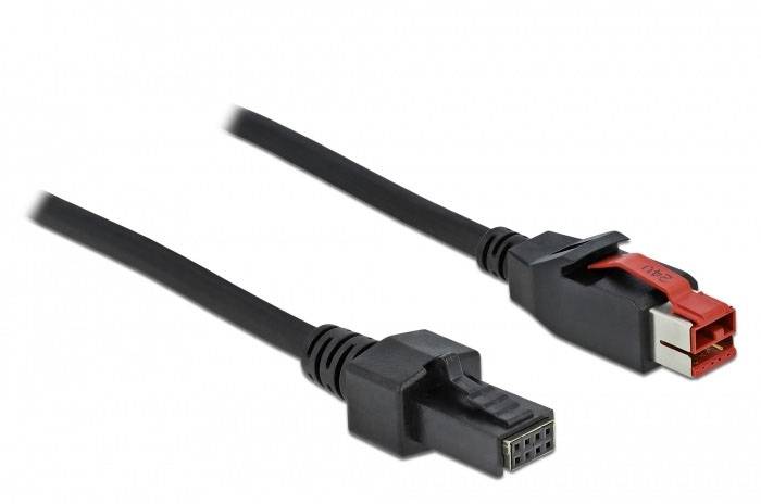 Ein schwarzes Kabel mit einem HDMI-Stecker auf der linken Seite und einem roten, rechteckigen Stecker auf der rechten Seite.