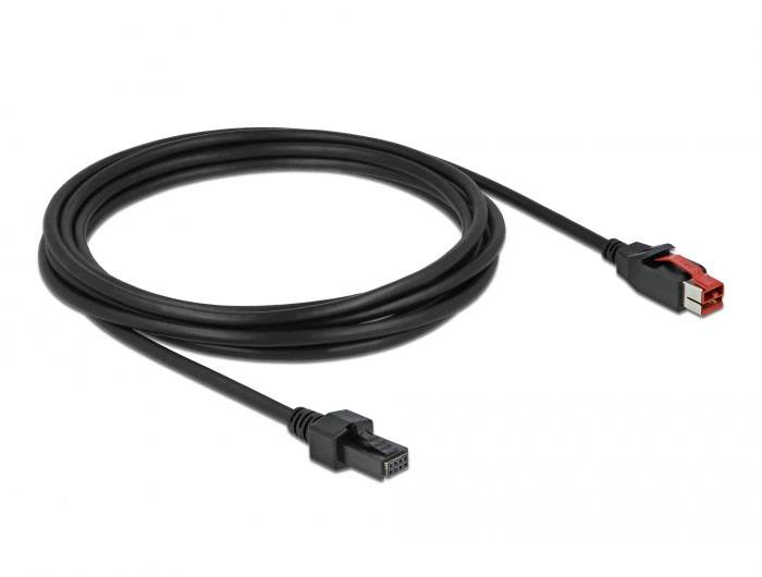 Schwarzes Kabel mit zwei unterschiedlichen Steckern an den Enden, zeigt einen rechten und linken Stecker in Nahaufnahme.