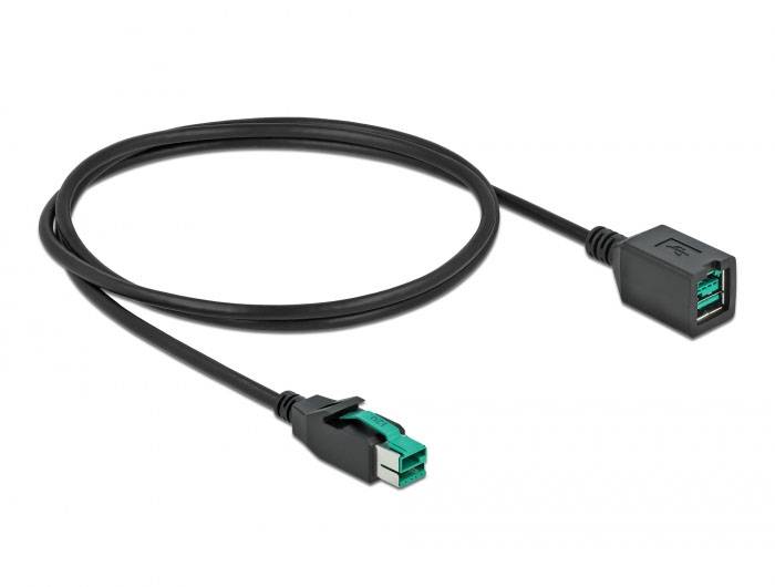 Schwarzes Datenkabel mit einem rechteckigen Stecker auf der einen und zwei USB-Anschlüssen auf der anderen Seite.