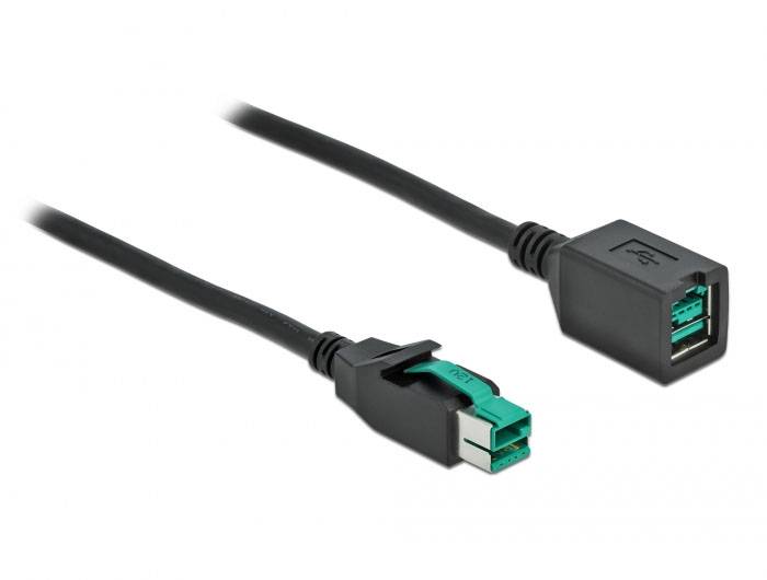 Ein schwarzes USB-Kabel mit einem Standard-USB-A-Stecker und einem USB-C-Anschluss, geeignet für Datenübertragung oder Laden.