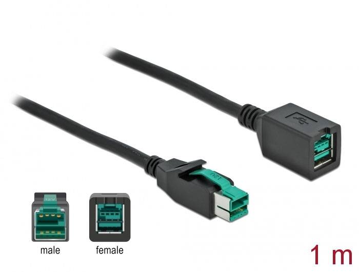 USB-Steckerkabel, 1 Meter, zeigt männlichen und weiblichen Stecker. Links: männlicher Stecker, rechts: weibliche Buchse.
