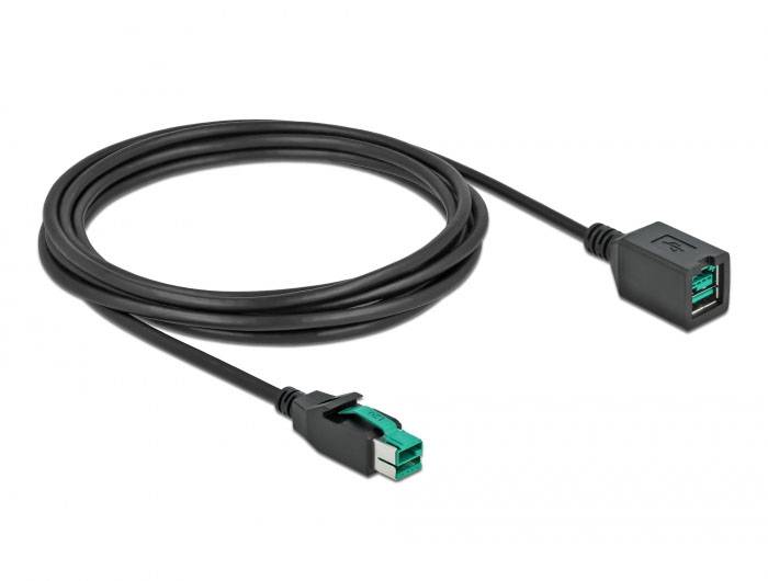 Schwarzes USB-Verlängerungskabel mit männlichem und weiblichem Anschluss, aufgerollt auf weißem Hintergrund.