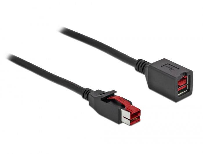 Schwarzes eSATA-Kabel mit roten und schwarzen Steckern. Ein Ende ist männlich, das andere weiblich. Verwendet für externe Festplatten.
