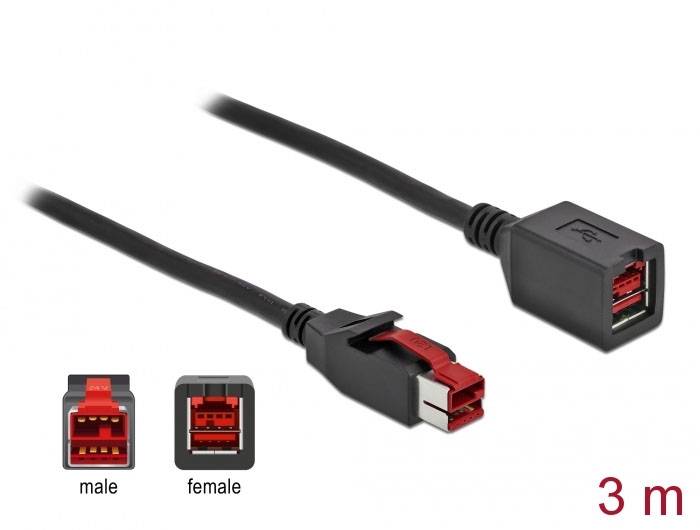 '3 m USB-Verlängerungskabel. Schwarzes Kabel mit einem männlichen und einem weiblichen Stecker. Stecker weisen rote Innenfarben auf.'