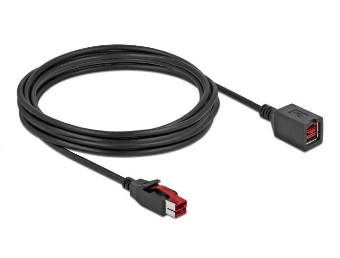Ein schwarzes Kabel mit einem roten USB-Anschluss auf einer Seite und einer rechteckigen Buchse auf der anderen.