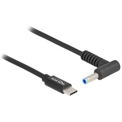 Ein USB-C-auf-Einschubnetzteilkabel von Delock für Laptops, schwarz, mit abgewinkeltem und einem geraden Stecker.