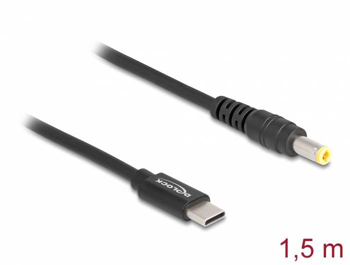 Ein schwarz-graues Adapterkabel mit USB-C-Stecker auf der einen und Rundstecker auf der anderen Seite, Länge 1,5 Meter.