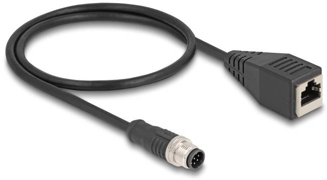 Ein schwarzes Kabel mit Ethernetbuchse und 4-poligem Rundstecker, geeignet zur Verbindung von Ethernet-Geräten mit Industriemaschinen.