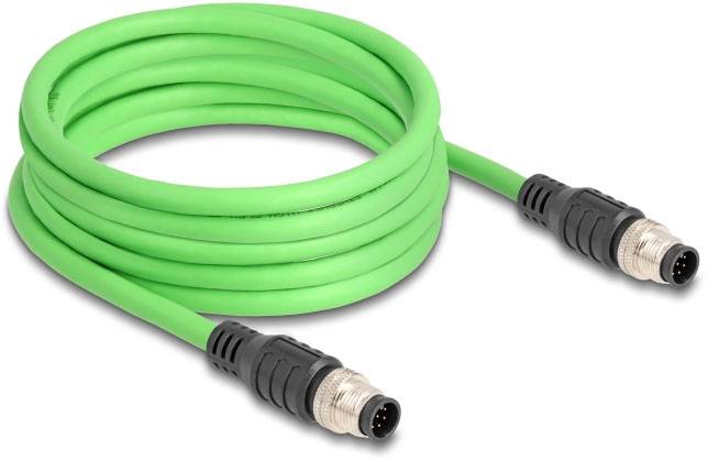 Ein grünes, langes Kabel mit schwarzen Steckverbindern an beiden Enden, geeignet für technische oder elektronische Verbindungen.