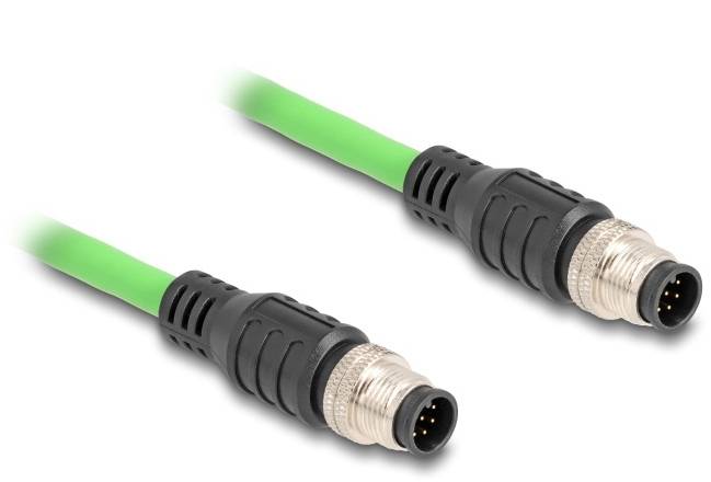 Zwei grüne, runde Ethernet-Steckerkabel mit schwarzen und silbernen Anschlüssen, die sich gegenüberliegen.
