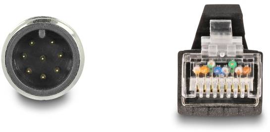 Ein runder Stecker mit fünf Pins links; ein rechteckiger, transparenter Stecker mit farbigen Drähten rechts.