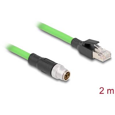 Ein grünes Netzwerkkabel mit zwei verschiedenen Steckertypen in Schwarz. Links ein rundes Metallsteckerende, rechts ein RJ45-Stecker. Aufschrift '2 m'.