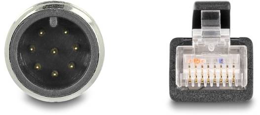 'Ein runder 6-poliger Stecker und ein rechteckiger Ethernet-Stecker nebeneinander. Der 6-polige Stecker zeigt die Stiftanordnung.'