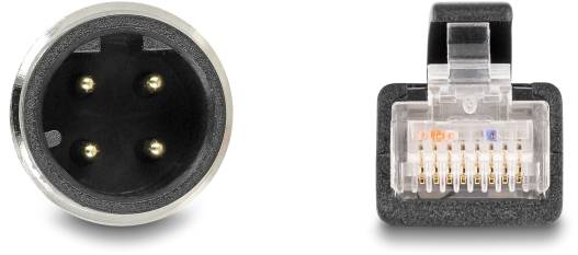 Ein XLR-Stecker und ein RJ45-Stecker nebeneinander. Ein XLR-Stecker hat drei Pins, der RJ45-Stecker ist durchsichtig mit acht Metallkontakten.